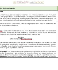 Un segmento de un documento que muestra una PLANEACION MATEMATICAS 2 TRIMESTRE 2. Incluye secciones sobre la definición del problema y los objetivos, los recursos necesarios y un esquema de sesión que incluye lluvia de ideas, discusión y una actividad de cocina. El encabezado tiene logotipos de Educación y AEFIMéxico.