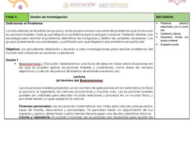 Un segmento de un documento que muestra una PLANEACION MATEMATICAS 2 TRIMESTRE 2. Incluye secciones sobre la definición del problema y los objetivos, los recursos necesarios y un esquema de sesión que incluye lluvia de ideas, discusión y una actividad de cocina. El encabezado tiene logotipos de Educación y AEFIMéxico.