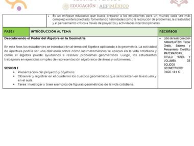 Un documento de plan de proyecto con el título "Descubriendo el Poder del Álgebra en la Geometría". El documento detalla la "Fase 1", que es una introducción al álgebra y la geometría, que incluye una sesión con objetivos relacionados con la aplicación del álgebra para resolver problemas de geometría, fundamental para la PLANEACION SEGUNDO TRIMESTRE MATEMATICAS 3.