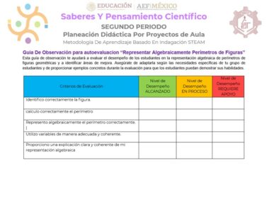 Un documento titulado "Guía De Observación para autoevaluación 'Representar Algebraicamente Perímetros de Figuras'". Incluye una tabla que evalúa criterios para calcular perímetros con columnas para diferentes niveles de logro y filas que enumeran criterios de evaluación específicos, perfecto para Proyecto: La Magia del Álgebra en la Geometría (Matemáticas Secundaria).