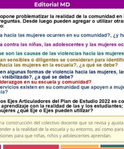 Una infografía colorida en español describe preguntas sobre género, violencia y educación, con texto resaltado, casillas de verificación e ilustraciones de personas y útiles escolares en la parte inferior derecha.