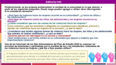 Una infografía colorida en español describe preguntas sobre género, violencia y educación, con texto resaltado, casillas de verificación e ilustraciones de personas y útiles escolares en la parte inferior derecha.