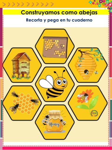 Ilustración con el título "Construyamos como abejas". Muestra hexágonos con imágenes de abejas, colmenas, panales y un tarro de miel. El texto indica que hay que recortar y pegar en un cuaderno.