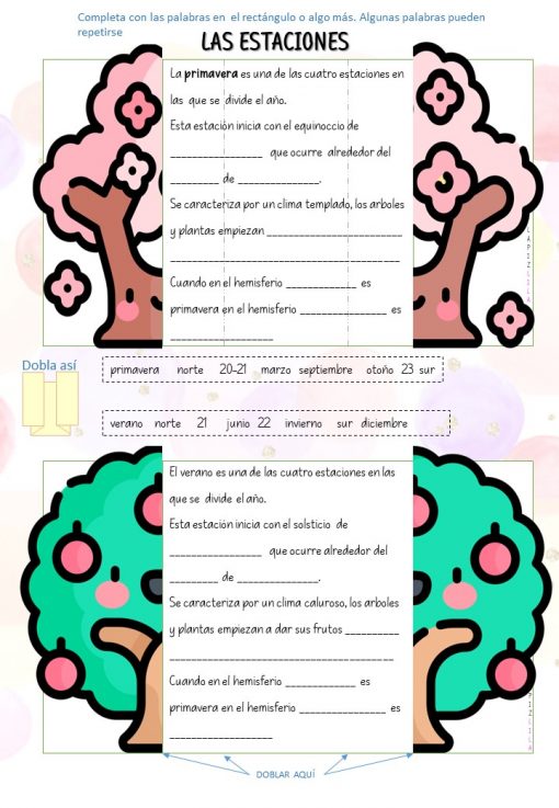 Una hoja de trabajo educativa con coloridas ilustraciones de árboles para diferentes estaciones. La tarea consiste en rellenar los espacios en blanco con palabras relacionadas con las cuatro estaciones en español, incorporando términos como "movimientos de la Tierra". Se proporcionan instrucciones y cuadros de texto para que los estudiantes los completen. Nombre del Producto: LOS MOVIMIENTOS DE LA TIERRA Y SUS "CONSECUENCIAS