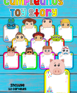 Colorido cuadro temático de Carteles de Cumpleaños de TOY STORY con marcos de personajes etiquetados con meses, mostrados sobre un fondo de madera azul. Cada cuadro incluye un espacio vacío para los nombres.