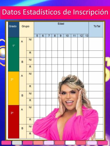 Un cuadro colorido titulado "Datos Estadísticos de Inscripción" muestra varios grados escolares, grupos y rangos de edad con una cuadrícula en blanco para la entrada de datos. En la parte inferior está la Agenda Wendy Guevara Casa de los Famosos 2023 - 2024 Editable (Preescolar, Primaria, Secundaria), en la que aparece Wendy Guevara de Casa de los Famosos vistiendo un traje rosa, sonriendo y sosteniendo su rostro con ambas manos.