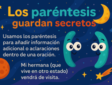 Gráfico educativo a color en español con el título "Los paréntesis guardan secretos". Dos paréntesis de dibujos animados sonríen debajo de frases de ejemplo que explican el uso del paréntesis. Estrellas, planetas y una luna creciente decoran el fondo.