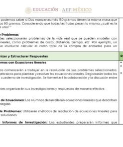 Un documento educativo en español, PLANEACION MATEMATICAS 2 TRIMESTRE 2, que describe los pasos para organizar y estructurar respuestas para resolver problemas con ecuaciones lineales. Las secciones destacan objetivos, sesiones de estudio, recursos necesarios y la creación de informes de investigación para un trimestre. El texto está en negro y verde.