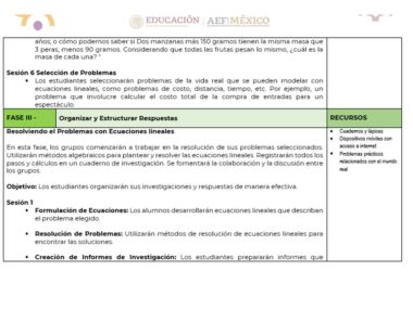Un documento educativo en español, PLANEACION MATEMATICAS 2 TRIMESTRE 2, que describe los pasos para organizar y estructurar respuestas para resolver problemas con ecuaciones lineales. Las secciones destacan objetivos, sesiones de estudio, recursos necesarios y la creación de informes de investigación para un trimestre. El texto está en negro y verde.