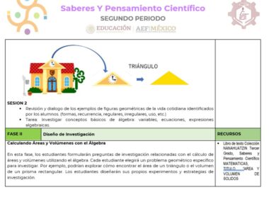 Una diapositiva educativa con el título "PLANEACION SEGUNDO TRIMESTRE MATEMATICAS 3." Detalla una fase del plan de estudios trimestral para calcular áreas y volúmenes en álgebra. La diapositiva presenta texto, la imagen de una casa y formas geométricas como un triángulo, resaltando conceptos matemáticos fundamentales.