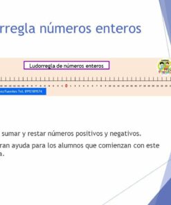 Diapositiva de PowerPoint titulada "Ludorregla de números enteros (positivos y negativos)" con dos viñetas sobre la suma y resta de números positivos y negativos, lo que ayuda a los estudiantes. Incluye un logo en la esquina superior derecha.