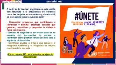 Una diapositiva de presentación titulada “Editorial MD” analiza estrategias para prevenir la violencia contra las mujeres y las niñas, con viñetas, el hashtag #ÚNETE e ilustraciones de mujeres hablando y sosteniendo carteles.