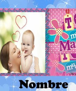 Un Power point para elaborar un vídeo del día de las madres que presenta una foto de una madre besando a su bebé sonriente, rodeada de corazones y la frase 