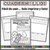 Imagen en blanco y negro de tres hojas de trabajo educativas para niños tituladas 
