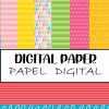 Una variedad de coloridos diseños de papel digital, que incluyen rayas, lunares y patrones ondulados en varios tonos de rosa, amarillo, verde y azul, junto con diamantes multicolores. El texto en el centro dice "PAPEL DIGITAL PARA IMPRIMIR" y "PAPEL DIGITAL", perfecto para imprimir cualquier proyecto creativo.