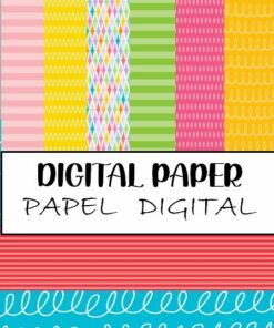 Una variedad de coloridos diseños de papel digital, que incluyen rayas, lunares y patrones ondulados en varios tonos de rosa, amarillo, verde y azul, junto con diamantes multicolores. El texto en el centro dice 