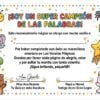 LAS VOCALES MÁGICAS 35 Colorido certificado con animales de dibujos animados (abeja, oso, elefante, cordero, tigre, dinosaurio, unicornio, pulpo), una estrella sonriente con la insignia