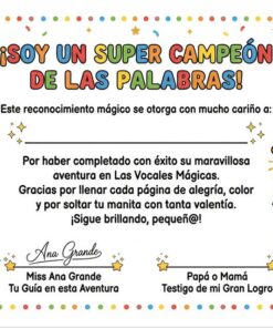 Colorido certificado con animales de dibujos animados (abeja, oso, elefante, cordero, tigre, dinosaurio, unicornio, pulpo), una estrella sonriente con la insignia 