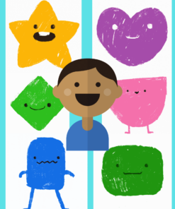 Una colorida ilustración que presenta a un niño de dibujos animados central rodeado de formas antropomorfizadas: una estrella sonriente, un corazón, un diamante, un círculo, un cuadrado y un rectángulo, cada uno con expresiones faciales únicas. Esta escena lúdica simboliza la exploración de "Mi Identidad Personal" a través de diversos aspectos del desarrollo personal.