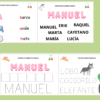 Cuatro fichas de actividades educativas para niños en español. Presentan coloridas imágenes de vehículos y animales, trazado de letras, reconocimiento de nombres (Manuel) y emparejamiento de palabras, todo sobre fondo verde claro.