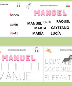 Cuatro fichas de actividades educativas para niños en español. Presentan coloridas imágenes de vehículos y animales, trazado de letras, reconocimiento de nombres (Manuel) y emparejamiento de palabras, todo sobre fondo verde claro.