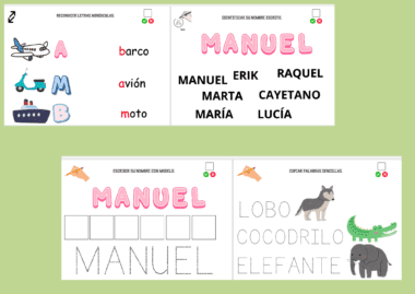 Cuatro fichas de actividades educativas para niños en español. Presentan coloridas imágenes de vehículos y animales, trazado de letras, reconocimiento de nombres (Manuel) y emparejamiento de palabras, todo sobre fondo verde claro.