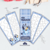 Un juego de cinco tarjetas de calco para niños con un perro azul de dibujos animados. Cada tarjeta muestra diferentes patrones de trazado con líneas discontinuas, como curvas, flores, triángulos y círculos.