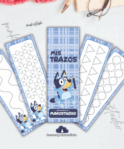 Un juego de cinco tarjetas de calco para niños con un perro azul de dibujos animados. Cada tarjeta muestra diferentes patrones de trazado con líneas discontinuas, como curvas, flores, triángulos y círculos.