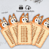 Cinco tablas de multiplicar en tarjetas con forma de Bluey, un perro de dibujos animados, cada tarjeta muestra diferentes números y ecuaciones del 1 al 6 en español. Los iconos de PDF y descarga están visibles en la parte superior.