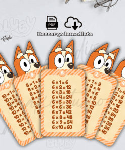 Cinco tablas de multiplicar en tarjetas con forma de Bluey, un perro de dibujos animados, cada tarjeta muestra diferentes números y ecuaciones del 1 al 6 en español. Los iconos de PDF y descarga están visibles en la parte superior.
