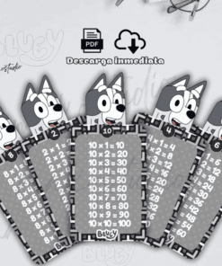 Cinco marcapáginas de tablas de multiplicar con el personaje Bluey, cada uno de los cuales muestra las tablas de multiplicar del 1 al 5. El diseño incluye la cara de Bluey y un borde en blanco y negro. El texto en español y los iconos de PDF/descarga aparecen en la parte superior.