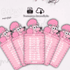 Cinco tarjetas rosas de tablas de multiplicar con un caniche rosa de dibujos animados en la parte superior de cada tarjeta. Cada tarjeta muestra una tabla de multiplicar diferente del 1 al 5, con números blancos sobre un fondo rosa estampado.