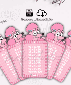 Cinco tarjetas rosas de tablas de multiplicar con un caniche rosa de dibujos animados en la parte superior de cada tarjeta. Cada tarjeta muestra una tabla de multiplicar diferente del 1 al 5, con números blancos sobre un fondo rosa estampado.