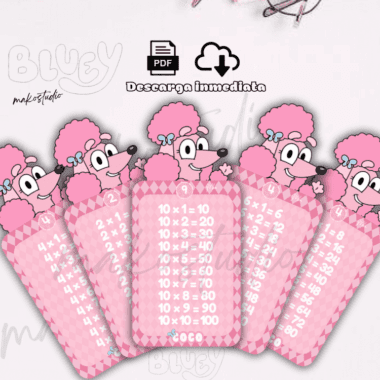 Cinco tarjetas rosas de tablas de multiplicar con un caniche rosa de dibujos animados en la parte superior de cada tarjeta. Cada tarjeta muestra una tabla de multiplicar diferente del 1 al 5, con números blancos sobre un fondo rosa estampado.