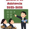 Ilustración de un profesor señalando símbolos en una pizarra mientras dos alumnos están sentados en pupitres. El texto de arriba dice "Bitácora de Asistencia 2025-2026".