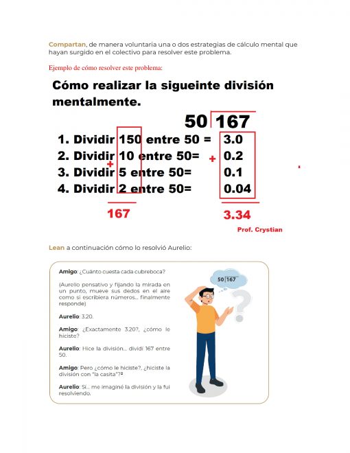 Una infografía que explica cómo resolver mentalmente la división de 50 por 167 en cuatro pasos, con una caricatura de un hombre pensando junto a una burbuja de pensamiento con el problema de división, diseñada para Productos Contestados Cuarta Sesión CTE 2022 (FEBRERO). Estudiantes de SECUNDARIA.