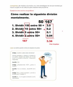 Una infografía que explica cómo resolver mentalmente la división de 50 por 167 en cuatro pasos, con una caricatura de un hombre pensando junto a una burbuja de pensamiento con el problema de división, diseñada para Productos Contestados Cuarta Sesión CTE 2022 (FEBRERO). Estudiantes de SECUNDARIA.