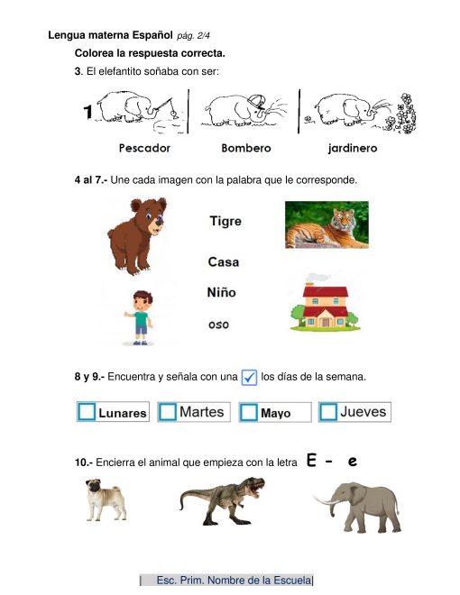 Una Evaluación Diagnóstica Primero de Primaria 2021-2022 en español que incluye varios ejercicios que incluyen relacionar profesiones con imágenes, asociar palabras con imágenes e identificar días de la semana y animales mediante letras.