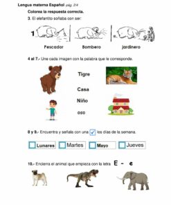 Una Evaluación Diagnóstica Primero de Primaria 2021-2022 en español que incluye varios ejercicios que incluyen relacionar profesiones con imágenes, asociar palabras con imágenes e identificar días de la semana y animales mediante letras.