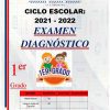 Póster escolar promocional del curso Evaluación Diagnóstica Primero de Primaria 2021-2022 con una caricatura de dos niños, con tablas que detallan los resultados de Evaluación Diagnóstica en español y matemáticas, sobre un fondo estampado con símbolos educativos.