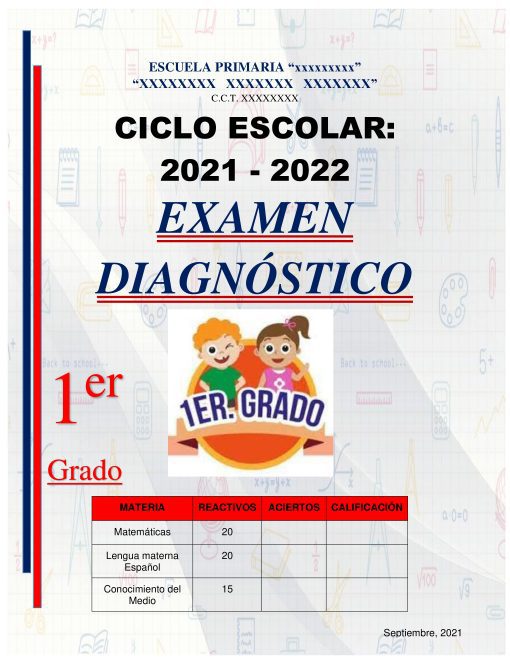Póster escolar promocional del curso Evaluación Diagnóstica Primero de Primaria 2021-2022 con una caricatura de dos niños, con tablas que detallan los resultados de Evaluación Diagnóstica en español y matemáticas, sobre un fondo estampado con símbolos educativos.