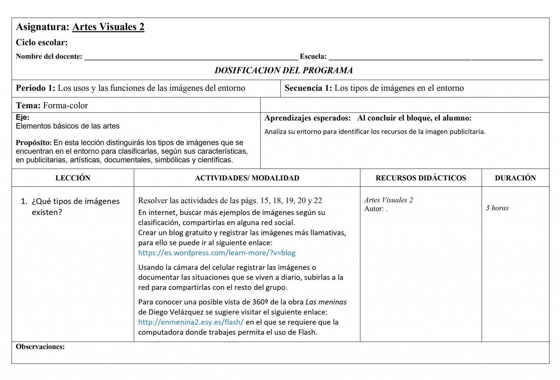 Dosificación Anual Artes Visuales 2 Secundaria 01