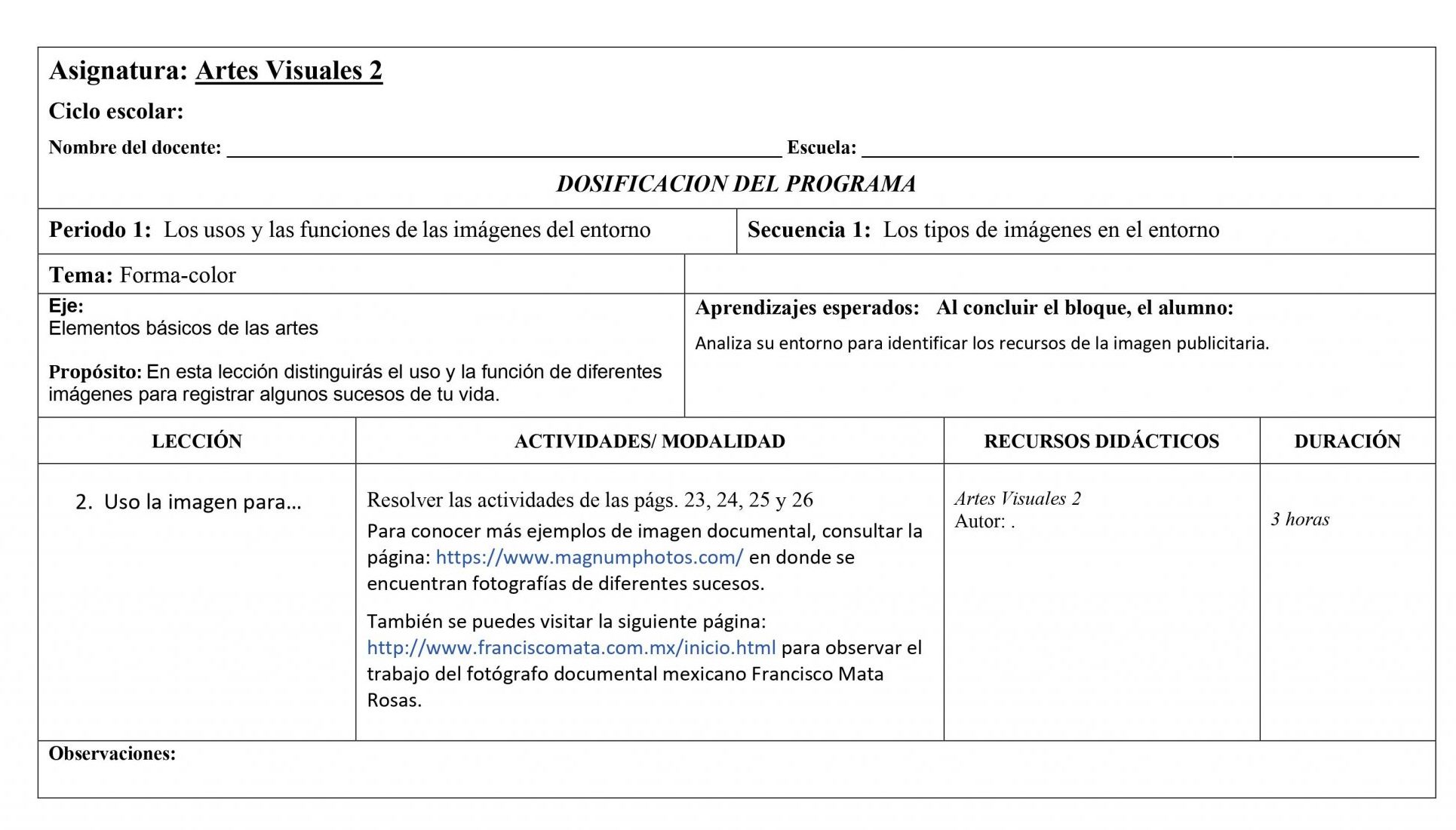 Dosificación Anual Artes Visuales 2 Secundaria 02