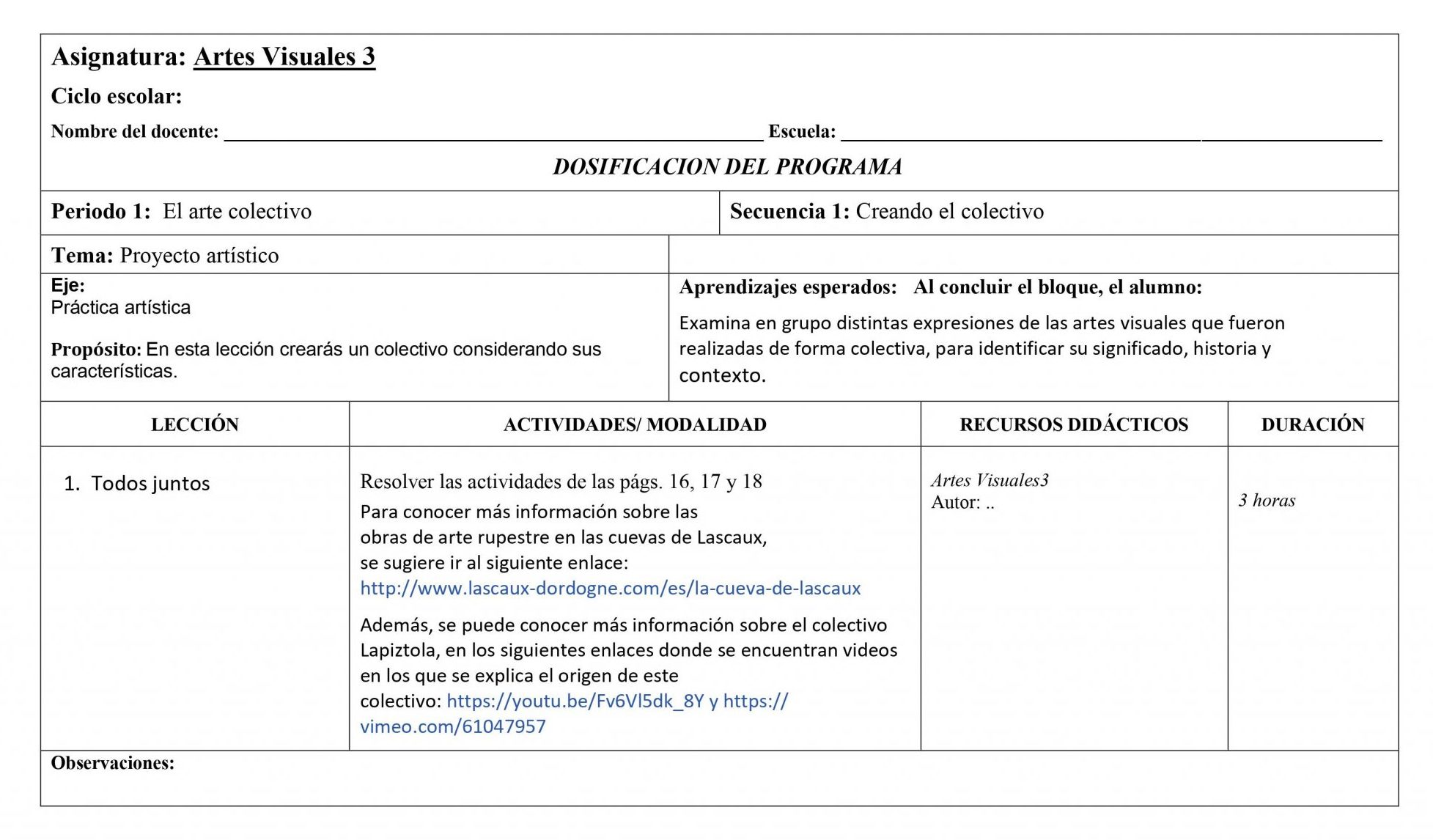 Dosificación Anual Artes Visuales 3 Secundaria 01