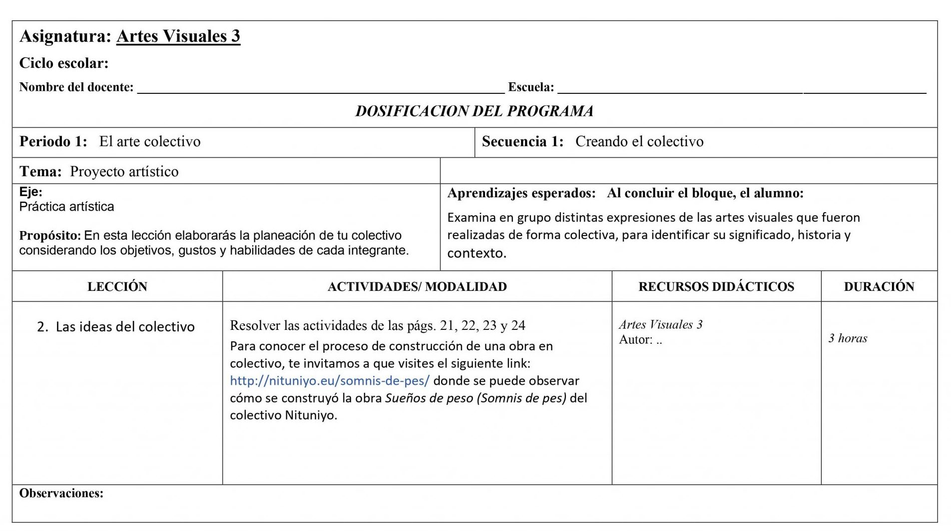 Dosificación Anual Artes Visuales 3 Secundaria 02