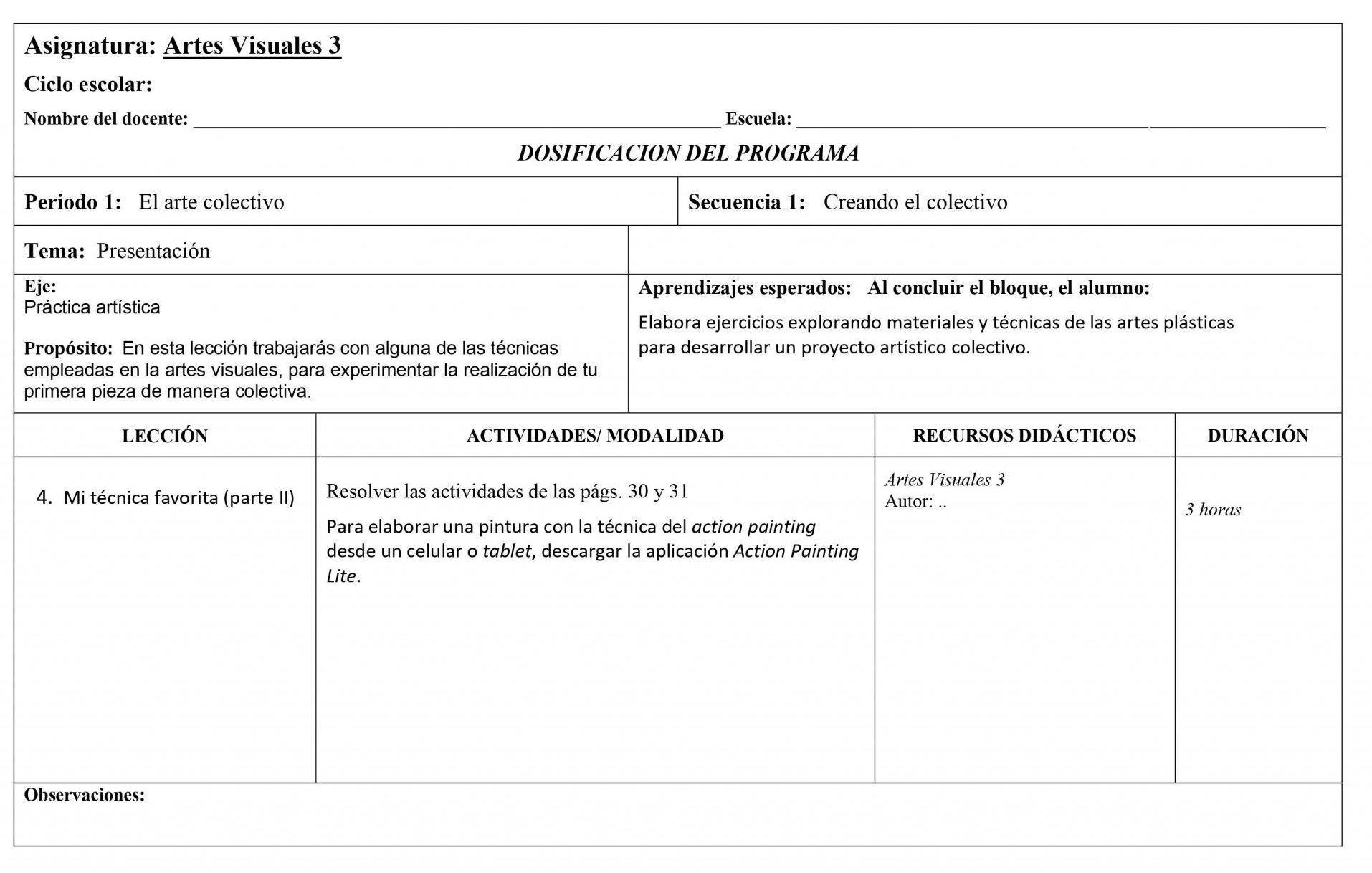 Dosificación Anual Artes Visuales 3 Secundaria 04