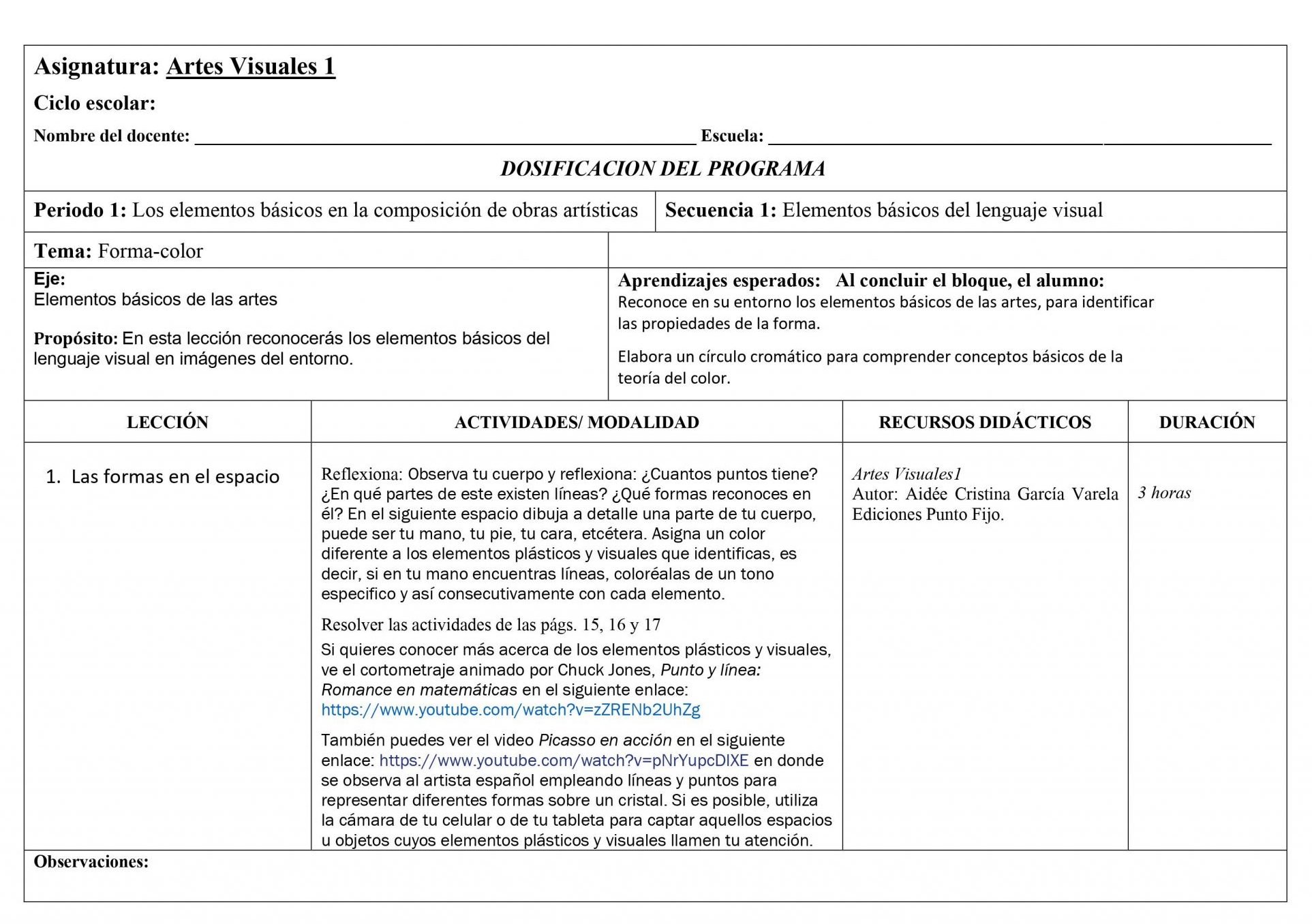 Dosificación Artes Visuales 1 Secundaria 01