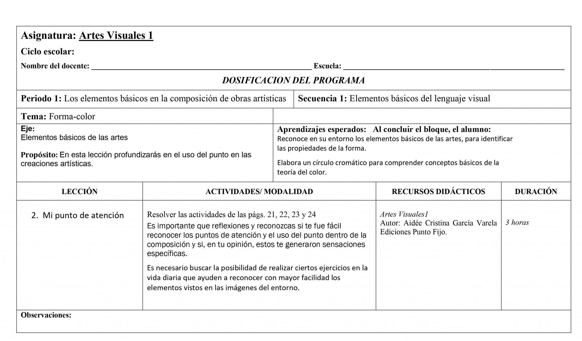 Dosificación Artes Visuales 1 Secundaria 02