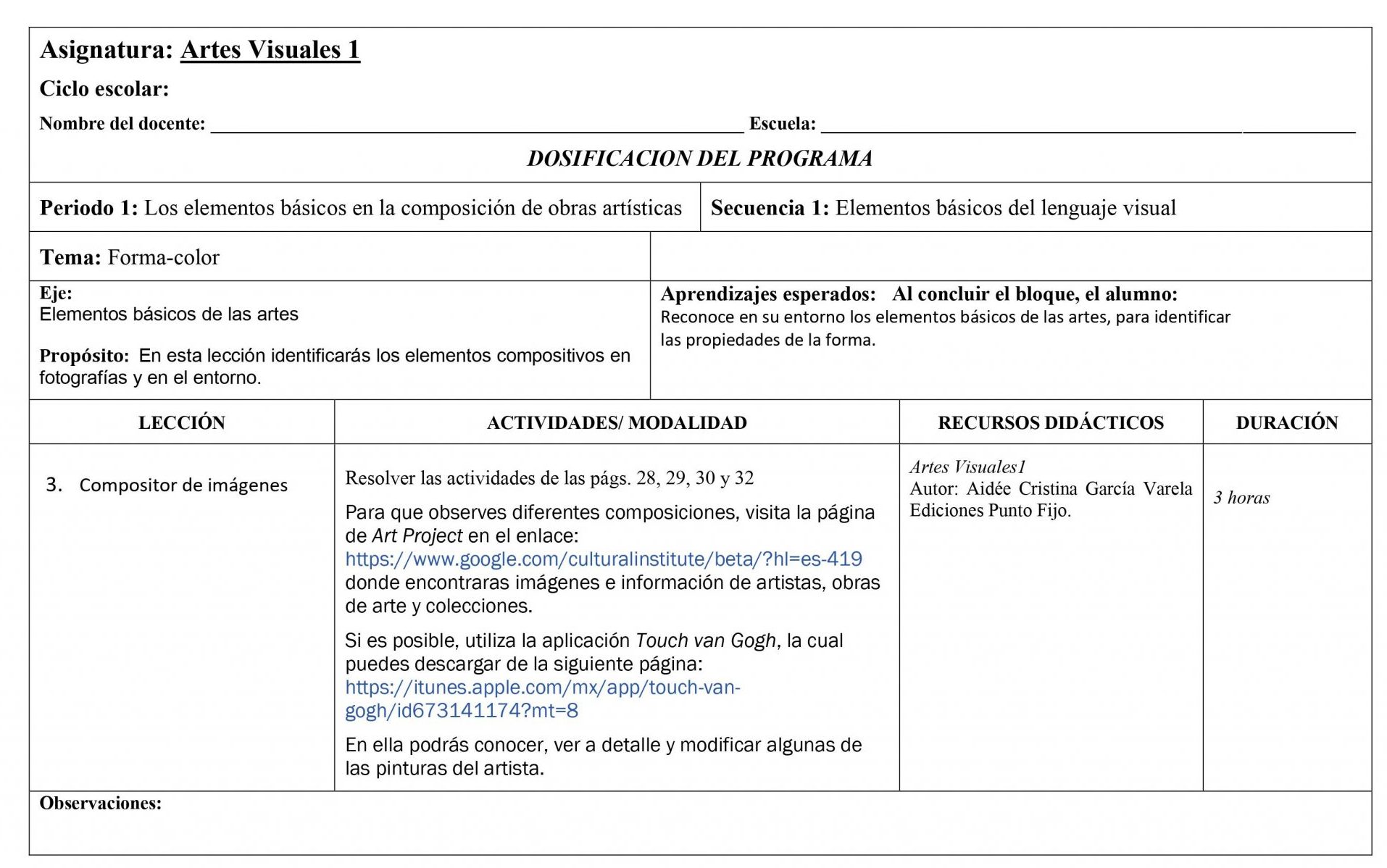 Dosificación Artes Visuales 1 Secundaria 03