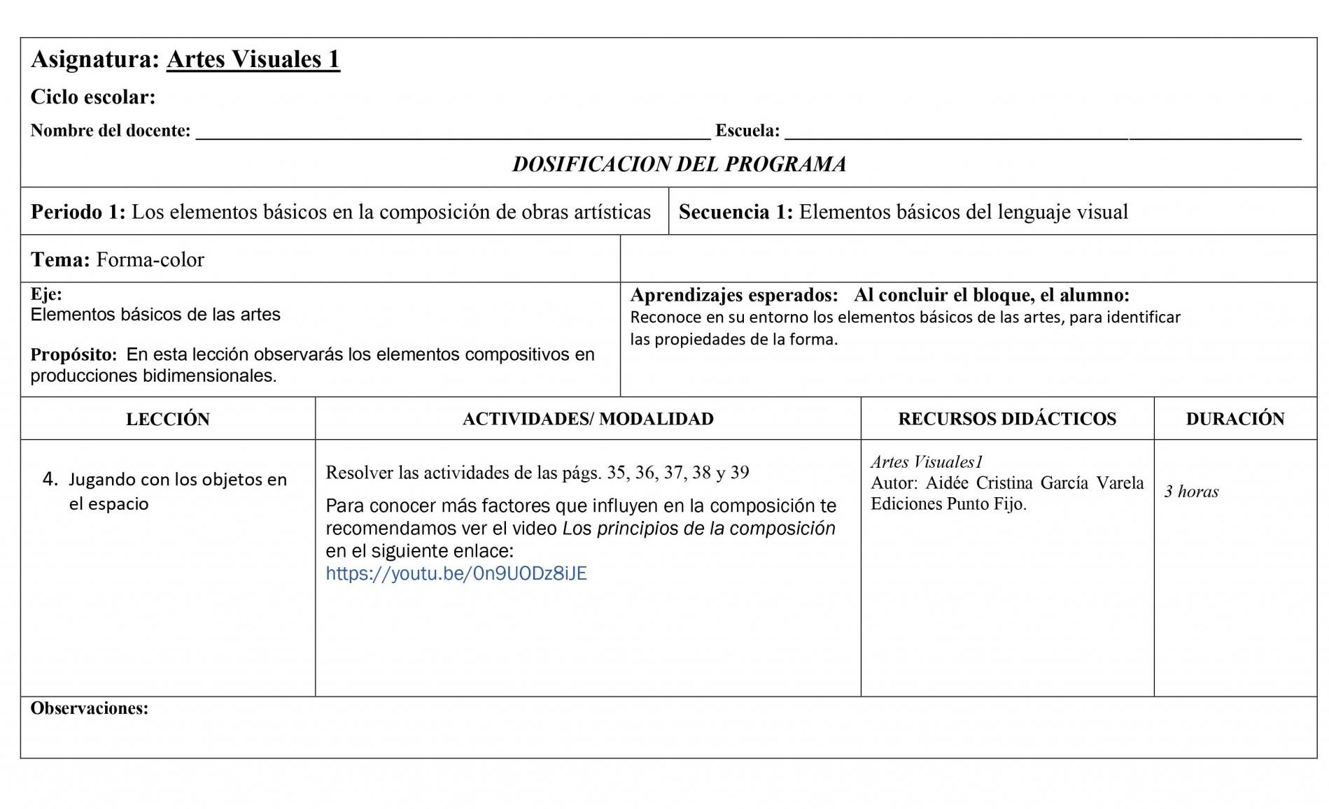 Dosificación Artes Visuales 1 Secundaria 04